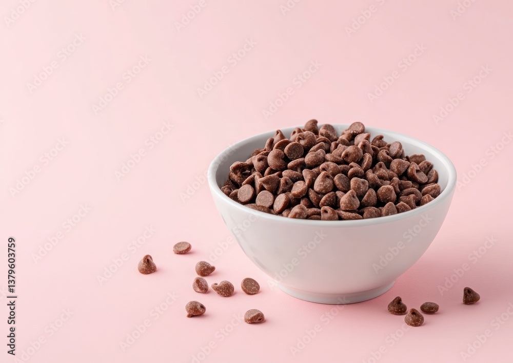 Chocolate Chips in Bowl on Pink Background for Baking and Dessert Chocolate Chips in Bowl on Pink Background for Baking and Dessert