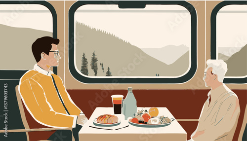 Mid-century modern style retro poster illustration of train restaurant car couple dining scene 