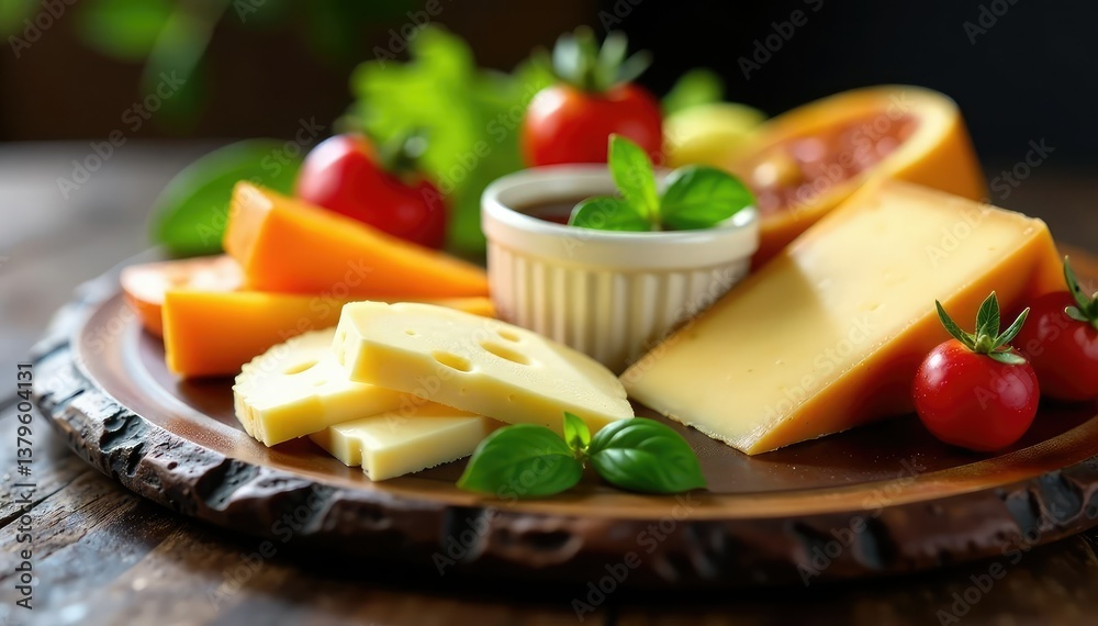Elegant cheese plate, gourmet cheeses, pristine setting, snack, bright Elegant cheese plate, gourmet cheeses, pristine setting, snack, bright