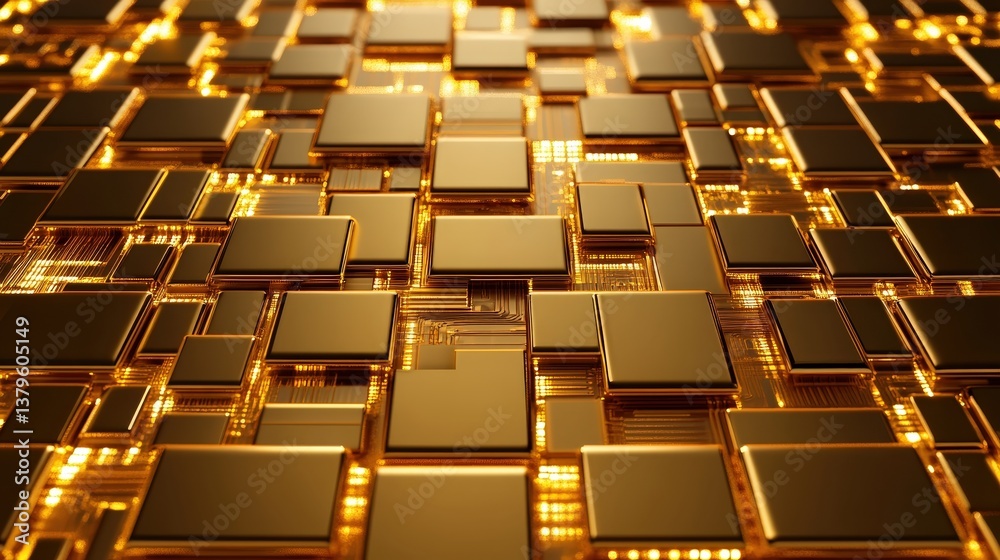 Obraz premium A close-up view of a complex arrangement of shiny, golden circuit board elements, showcasing a futuristic technology design.