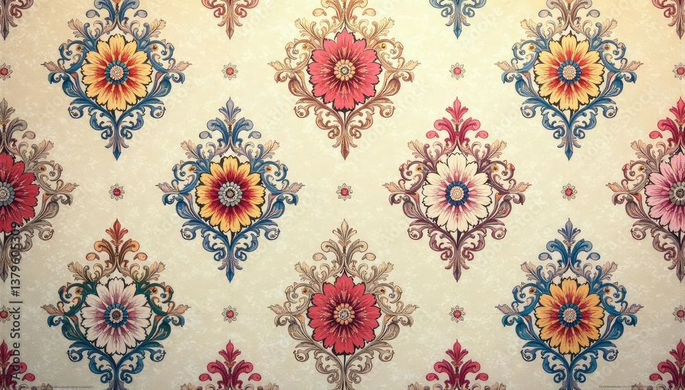 Fototapeta premium Intricate floral damask, repeating motif in muted tones, wallpaper design, scroll, surface