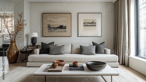 Modern living room with art and neutral tones