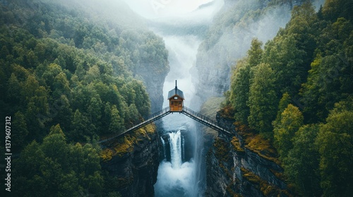 Misty mountain waterfall cabin