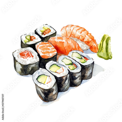 A watercolor vector illustration of Sushi, isolated on a white background.

