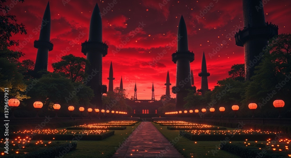 Fototapeta premium A blood red sky reflects off the obsidian towers as glowing fireflies dance around the royal gardens