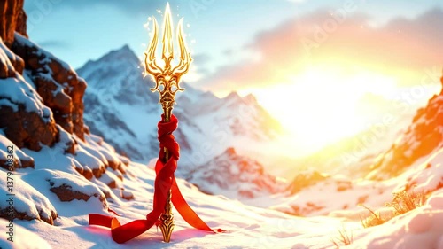 Golden Trishul on a Snowy Mountain Peak, a Symbol of Power and Divinity
