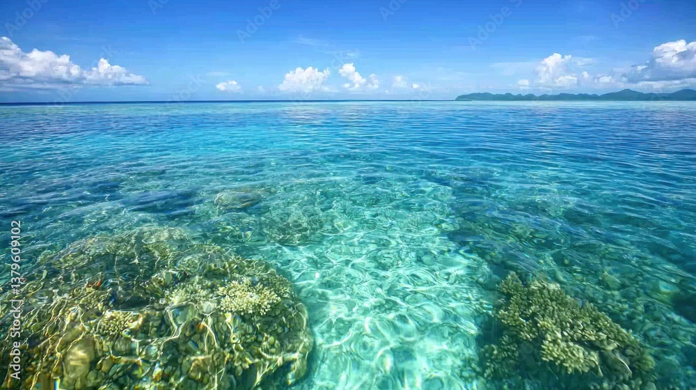 Obraz premium Shallow ocean water with coral and fish visible in the clear water