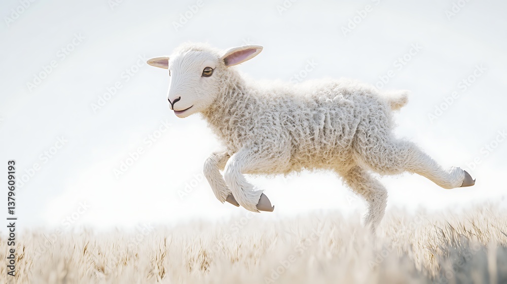 Fototapeta premium A playful lamb jumping joyfully across a sunlit meadow, surrounded by soft golden grass, radiating innocence and vitality