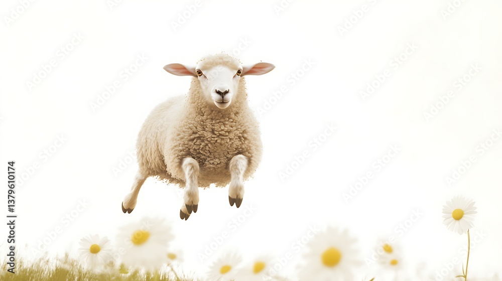 Fototapeta premium A playful sheep jumping above a field of blooming daisies under a bright and serene sky