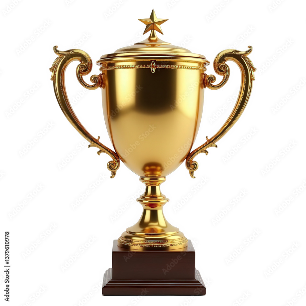 Fototapeta premium Shiny gold trophy with intricate handles and a decorative star on top, isolated on transparent background, ideal for visuals emphasizing achievement, success, and prestigious recognition.