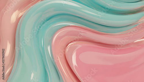 Abstract Pastel Swirls: Glossy Pink and Aqua Liquid Wave Texture