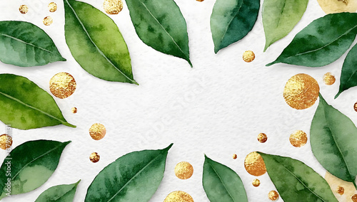 Watercolor Green Leaves & Gold Splatter Frame