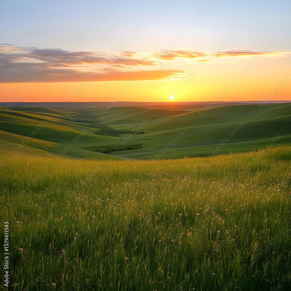 Golden Horizon: The Tranquil Beauty of a Sunlit Grassland at Sunset Golden Horizon: The Tranquil Beauty of a Sunlit Grassland at Sunset