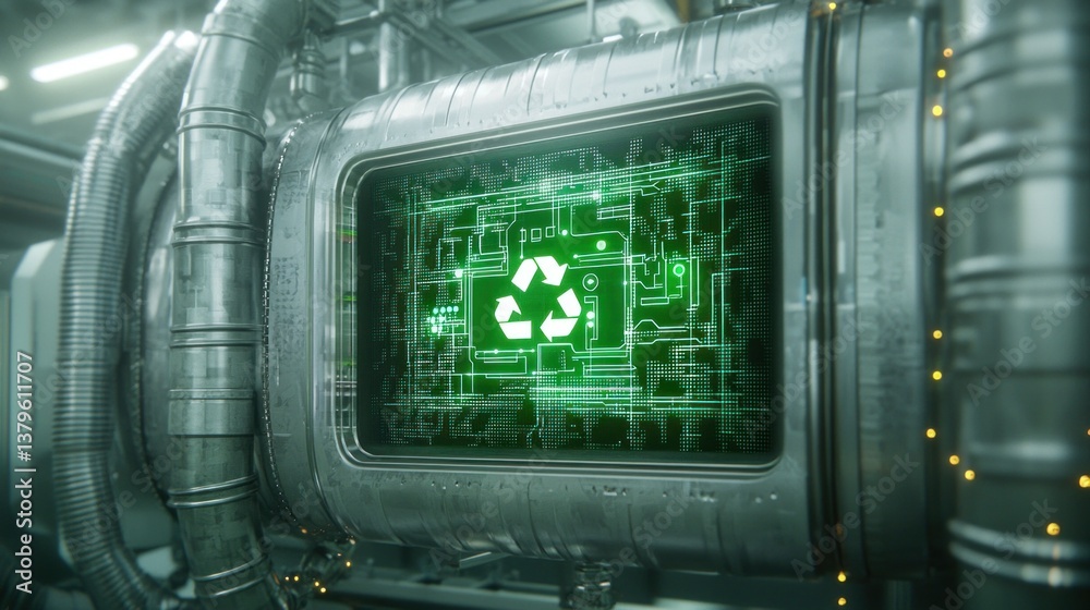 Obraz premium Innovative recycling technology futuristic facility digital interface industrial environment close-up view sustainability concept