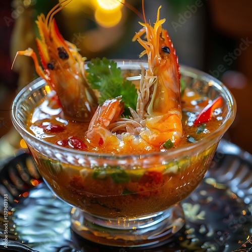 Bowl of spicy Thai soup with shrimps on dark wooden background
