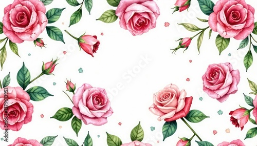 Delicate watercolor roses & leaves, repeating pattern , texture, leaves