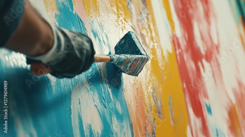 A construction worker pouring paint on a large wall. Featuring creativity and coverage