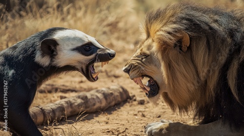 Honey badger confronts lion, savanna standoff, dry grass background, wildlife documentary