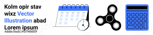 Calendar with marked days, analog clock, fidget spinner, and calculator in blue and black tones. Ideal for office, planning, time management, productivity, education focus simple landing page