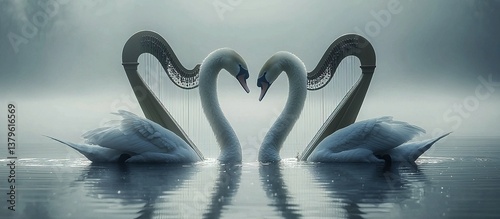 Fototapeta Naklejka Na Ścianę i Meble -  Two graceful swans in the water with decorative harps beside them