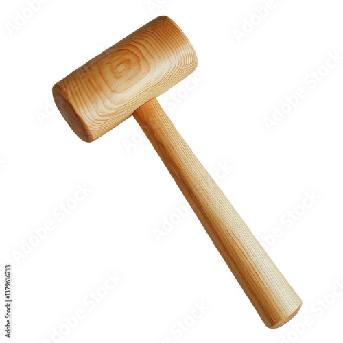 Handcrafted wooden mallet with cylindrical handle and rectangular head on transparent background