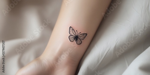 Elegant wrist tattoo of a butterfly in black ink, representing personal growth, metamorphosis, and artistic body art with intricate details on smooth skin

