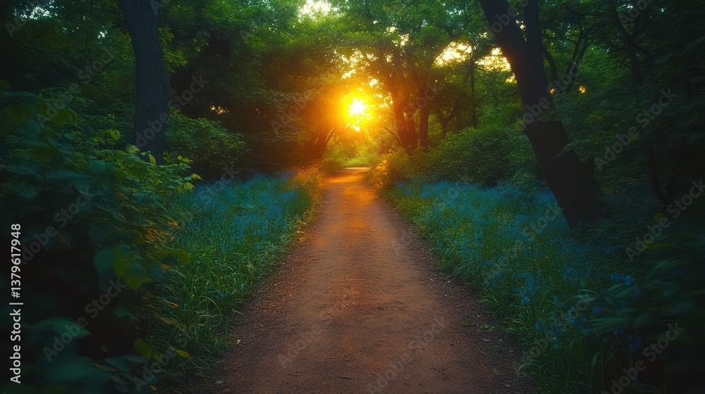 Fototapeta premium Sunset path, forest, bluebells, nature, hope