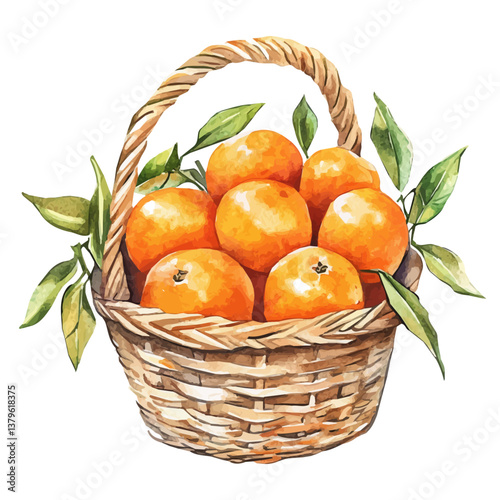 A watercolor vector illustration of Tangerine basket, isolated on a white background.

