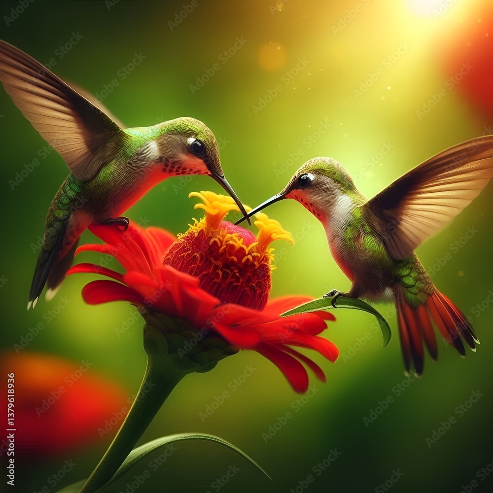 Naklejka premium A vibrant hummingbird feeds from a glowing red flower's center.