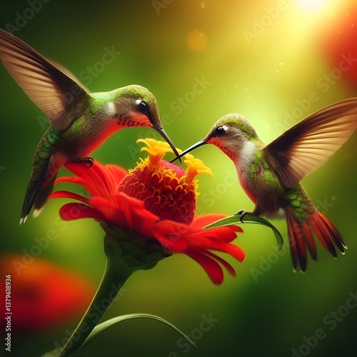 A vibrant hummingbird feeds from a glowing red flower's center.