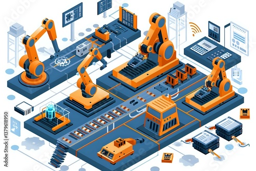 Automated Robotic Assembly Line: Efficiently Manufacturing Products with Smart Technology and Advanced Robotics in a Modern Factory Setting.