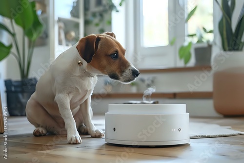 Curious Dog Sniffs Modern Aroma Diffuser, Home Scent Improves Air Quality, Relaxing Atmosphere Created for Pets and Owners in a Cozy Living Room.