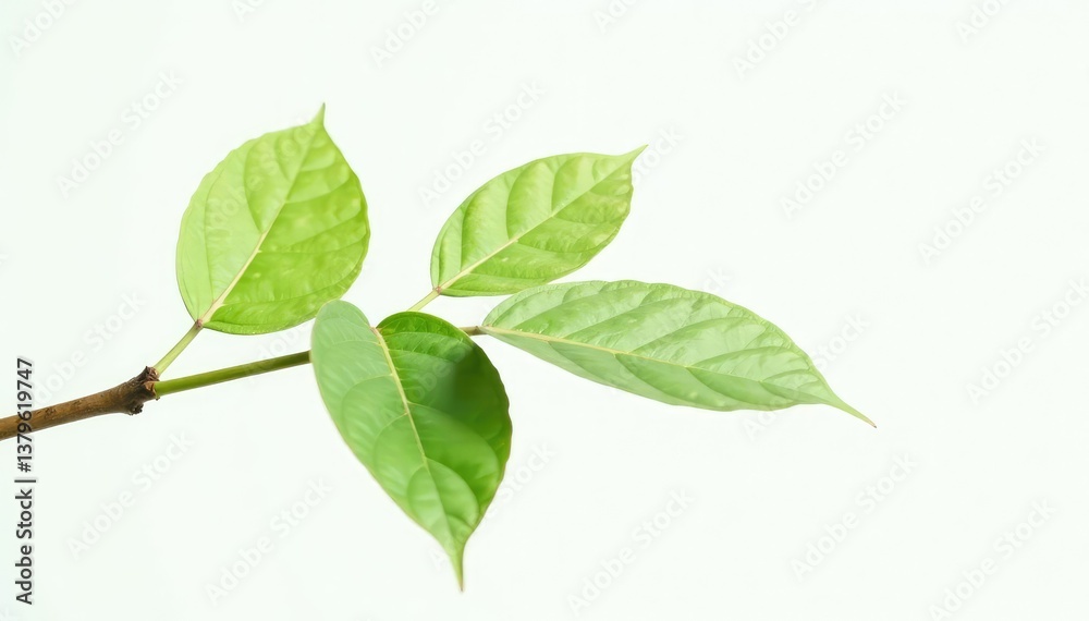 Fototapeta premium A branch with a few large leaves against white background, foliage, photography, clean