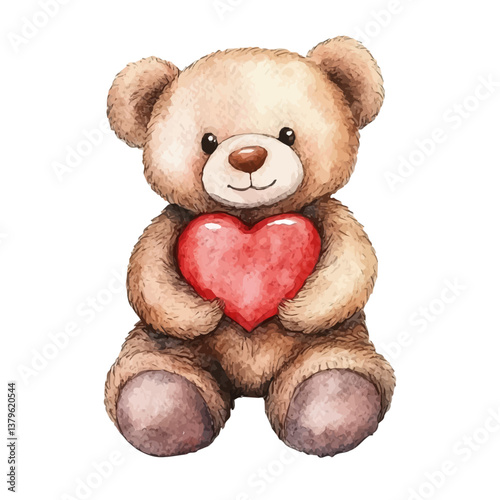 A watercolor vector illustration of Teddy Bear holding heart, isolated on a white background.

