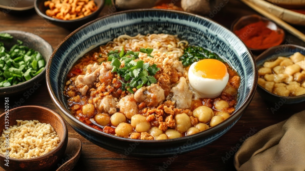 Aromatic noodle soup with savory chicken, egg, and dumplings Aromatic noodle soup with savory chicken, egg, and dumplings