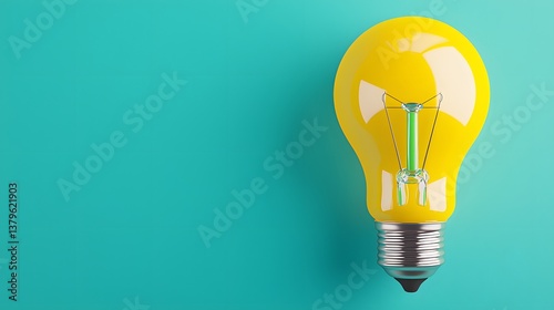Yellow Lightbulb on Teal Background Minimalist Concept
