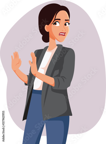 Stressed Businesswoman Making a Refusal Backing up Gesture Vector Cartoon. Corporate worker denying and being offended by a dishonest proposal    
 