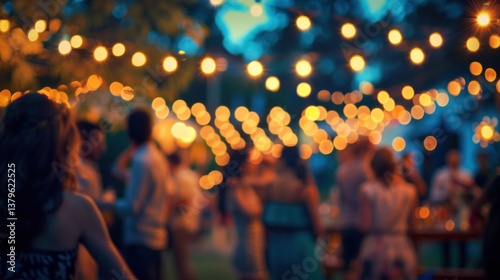 Blurred summer party scene with glowing lights and celebrating people