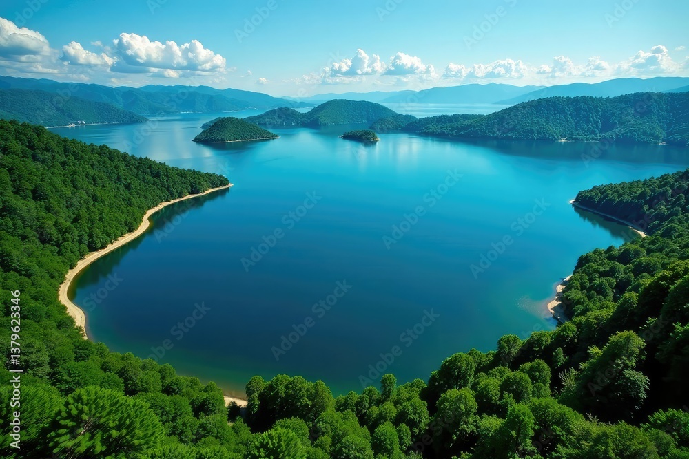 Irregular shaped lake with winding shoreline and islands, autumn, view Irregular shaped lake with winding shoreline and islands, autumn, view