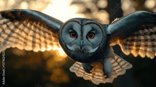 Owl in flight, sunset, forest background, wildlife photography photo