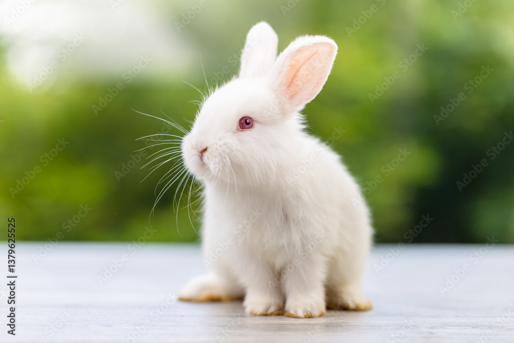 Obraz premium Bunny easter fluffy rabbit eating food, vegetables, carrots, baby corn on green garden nature flowers background on sunny day, Lovely mammal with bright eyes in nature life. Symbol of easter day.