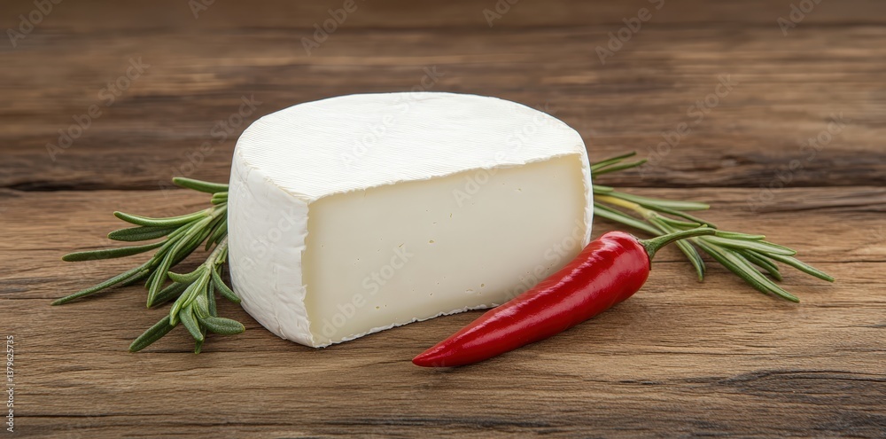 A round cheese wheel is displayed on a wooden surface, accompanied by a red chili pepper and fresh rosemary sprigs, creating a rustic culinary scene. A round cheese wheel is displayed on a wooden surface, accompanied by a red chili pepper and fresh rosemary sprigs, creating a rustic culinary scene.