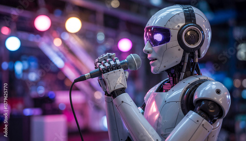 A futuristic robot performer on a stage with dramatic lighting The robot has a sleek white and silver design with a glossy finish