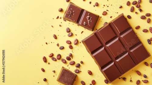 Delicious chocolate bar with scattered cocoa beans on vibrant yellow surface