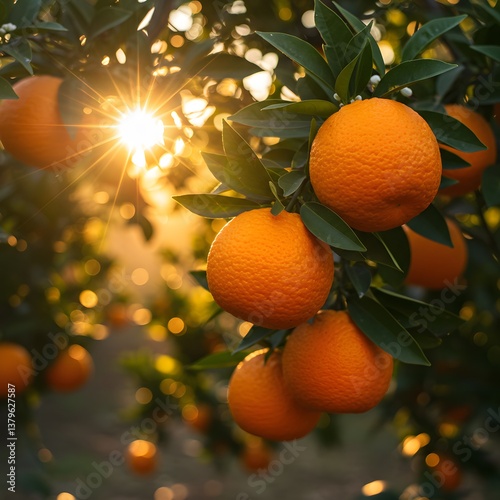 Orange grove with many oranges growing on trees in the sunshine, new harvest, oranges growing on a tree in an orange grove at sunset