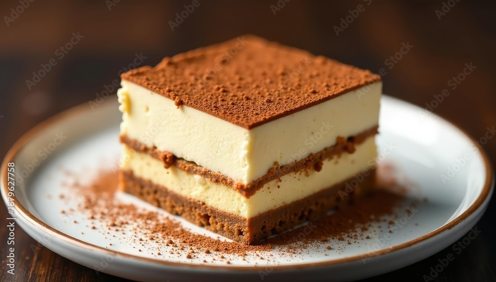 Close-up of individual tiramisu portion, dusted cocoa , detail, background Close-up of individual tiramisu portion, dusted cocoa , detail, background