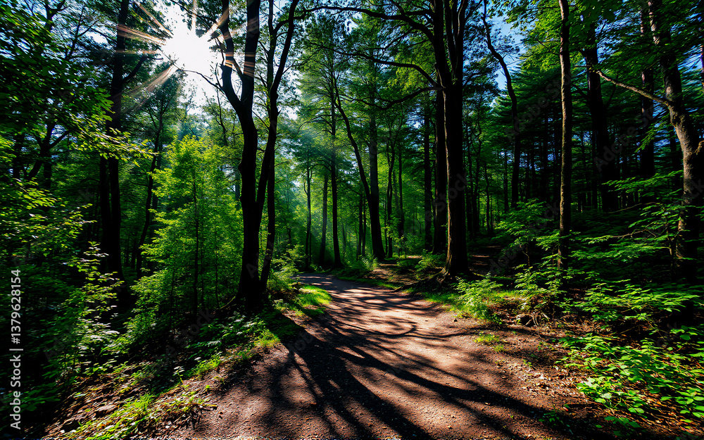 Obraz premium Sunlit path winds through a dense green forest. Sunlight filters through the tall trees, casting long shadows on the dirt trail surrounded by lush foliage.