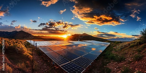 A picturesque solar power station nestled in the mountain region during sunset.