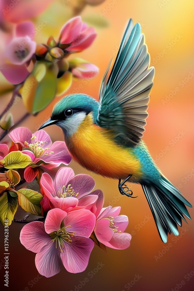 Fototapeta premium A spring bird alights delicately on vibrant flowers.