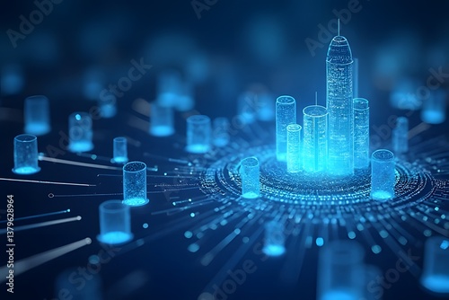 Digital city skyline blending with blue electronic circuit board at night